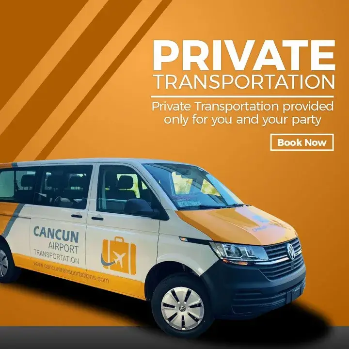 Banner including a van labeled with Transportasi Bandara Cancun corporate image, an orange suitcase with a plane on the inside, some text saying Transportasi Pribadi. Provided only for you and your party and a drawn button with the legend Pesan sekarang.